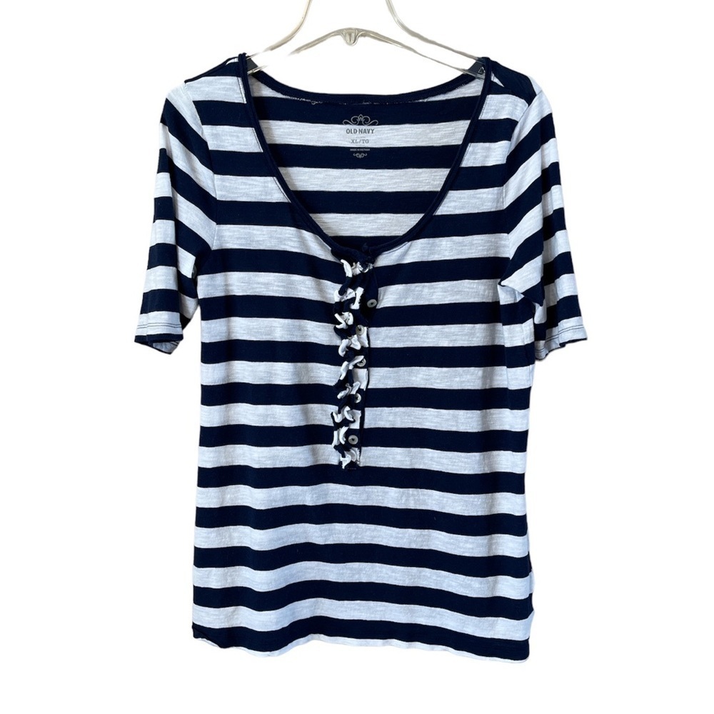 Old Navy size extra large blue and white striped short sleeve tee ruffle front